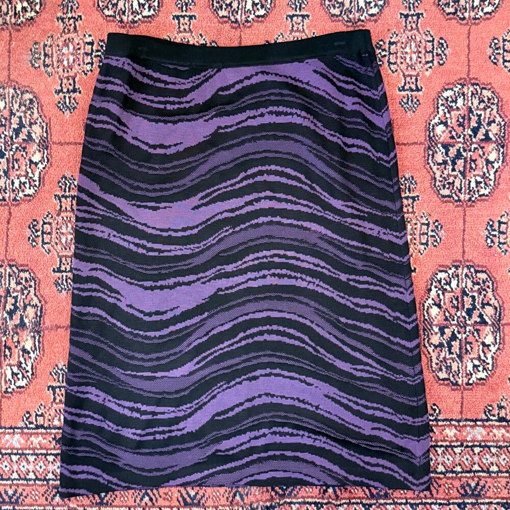 Ming Wang‎ Knit Midi Skirt Purple Black Wave Abstract Pattern Pull-On Size Small